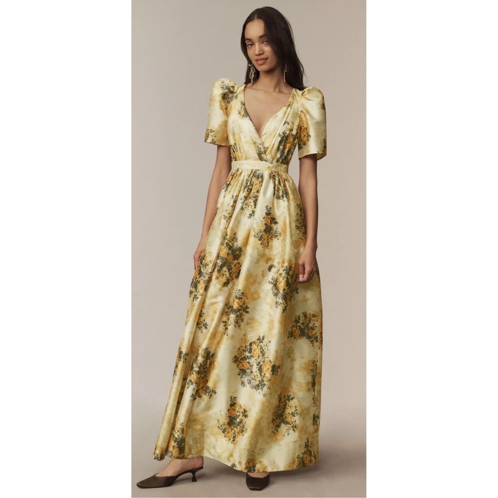 Anthropologie x BHLDN Aurora Puff Sleeve Taffeta Maxi Dress Yellow Floral Formal